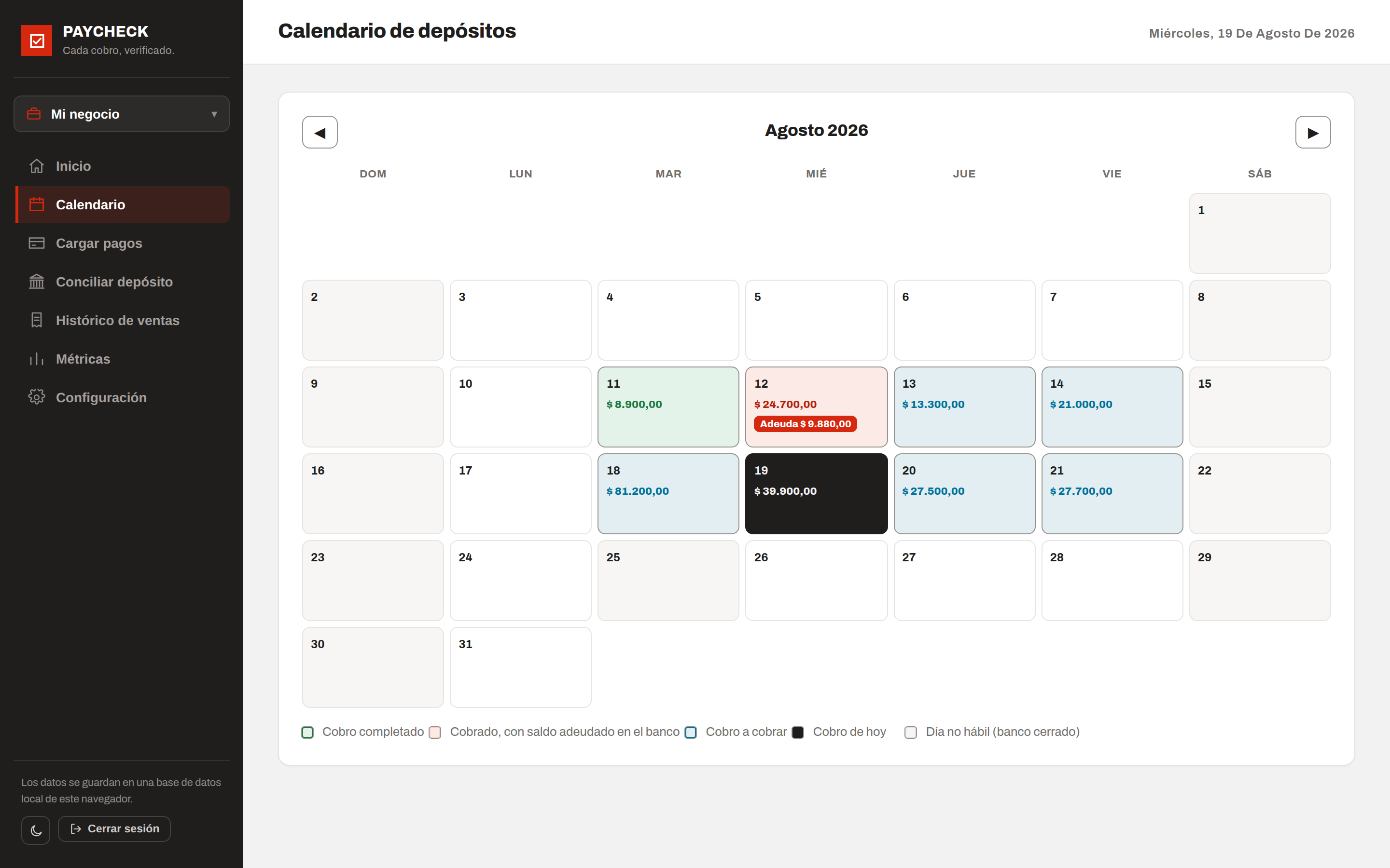 Calendario de depósitos de Paycheck con días en verde (cobro completado), rojo (saldo adeudado) y celeste (a cobrar).