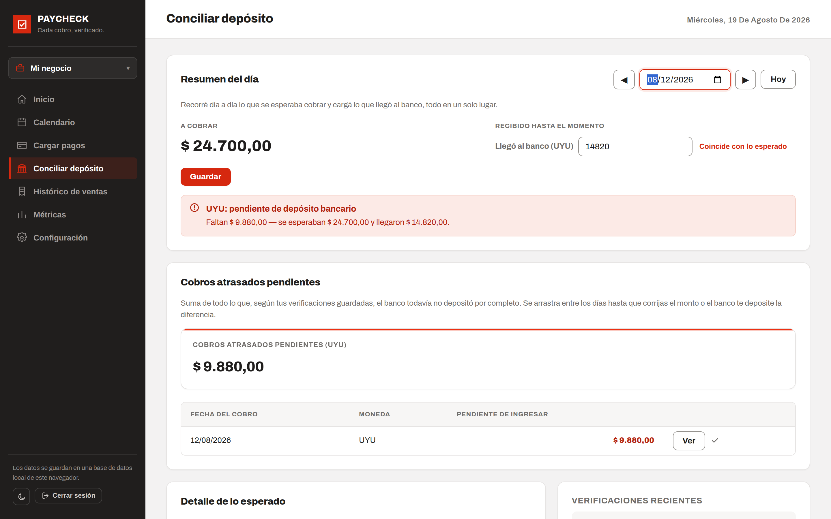 Pantalla de Paycheck mostrando un depósito del banco por $14.820 cuando correspondía cobrar $24.700 — faltan $9.880 detectados automáticamente.